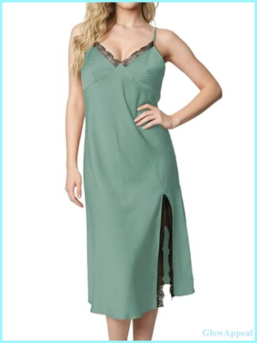 Satin Nightgown Lace Trim V-Neck Floral Chemise Slip Dress